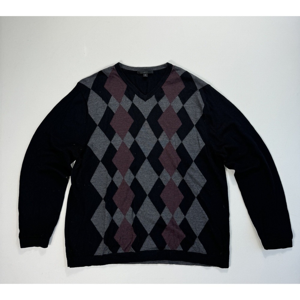 Apt 9 Mens 2XL Pullover 100% Merino Wool Sweater Black Grey Burgundy Argyle